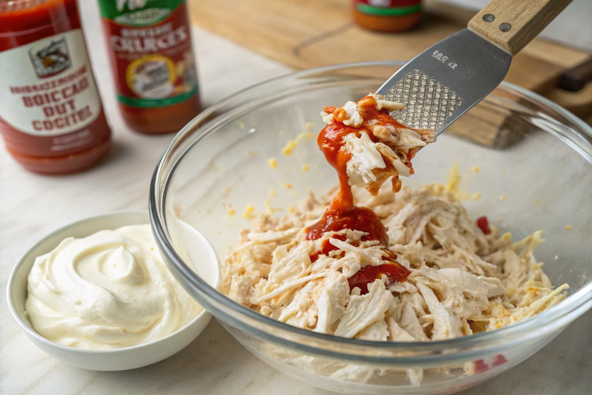 Close-up of softened cream cheese, Texas Pete hot sauce, and shredded chicken being mixed together in a glass bowl with a spatula