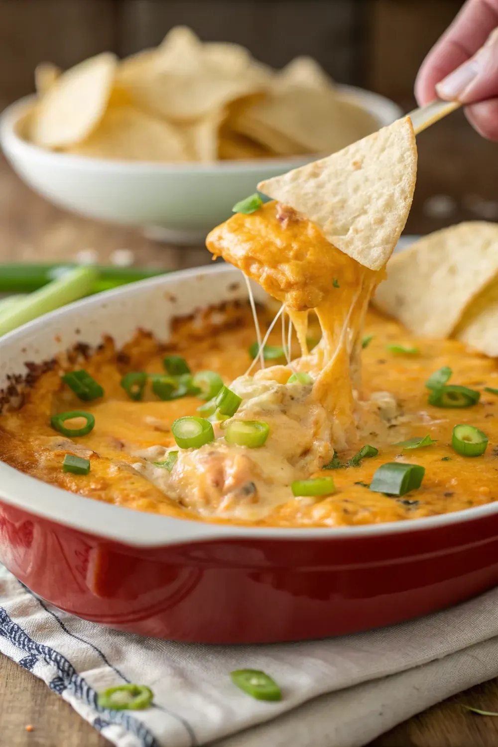 Vertical pin of warm bubbly Texas Pete buffalo chicken dip with melted cheddar and green onion, a chip pulling up a cheesy bite