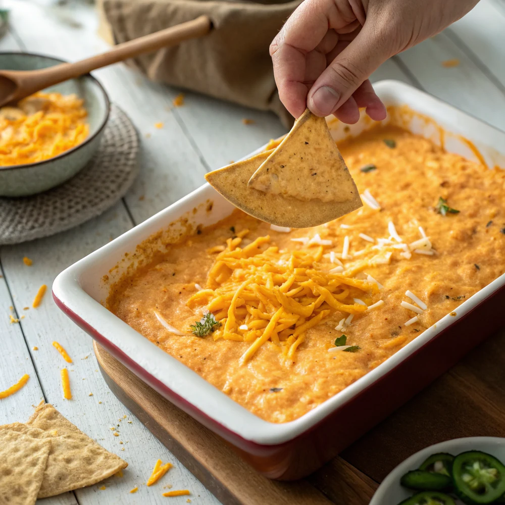 Overhead shot of a creamy orange buffalo chicken dip in a baking dish topped with shredded cheddar, with a tortilla chip scooping a bite