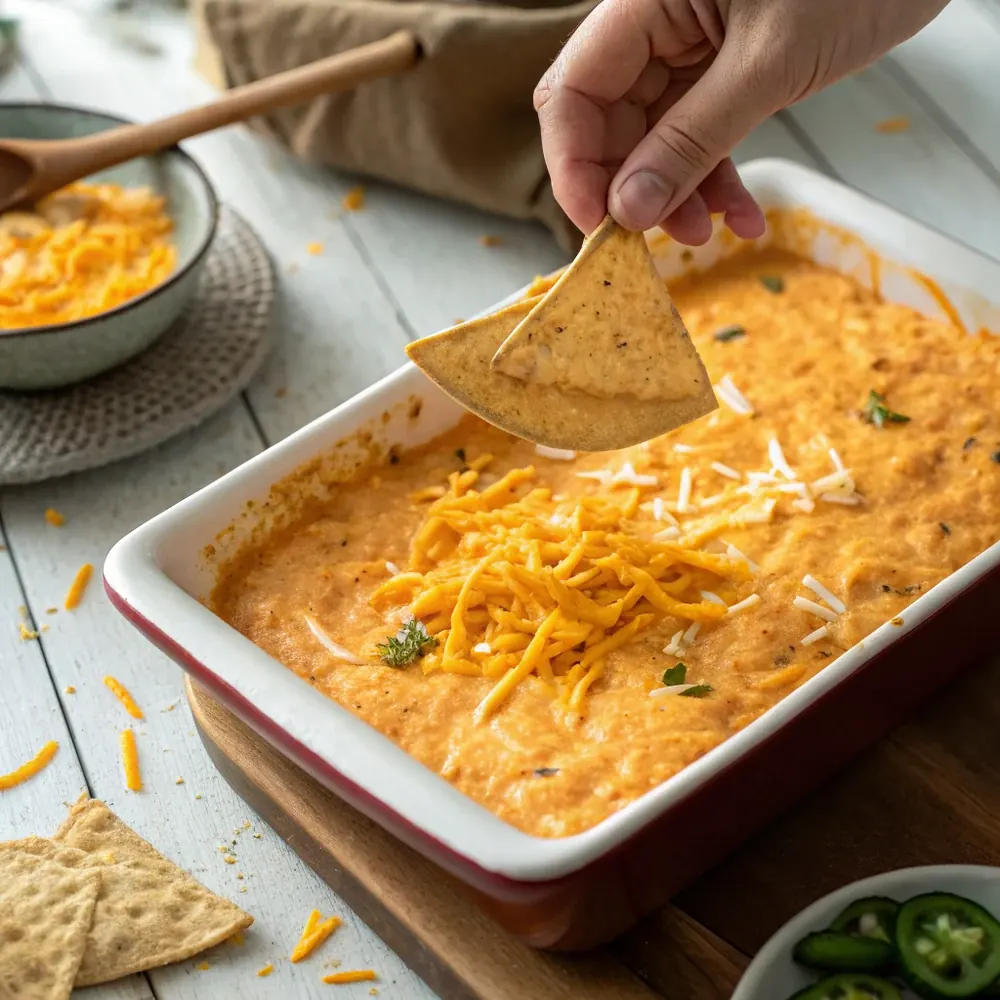 Overhead shot of a creamy orange buffalo chicken dip in a baking dish topped with shredded cheddar, with a tortilla chip scooping a bite