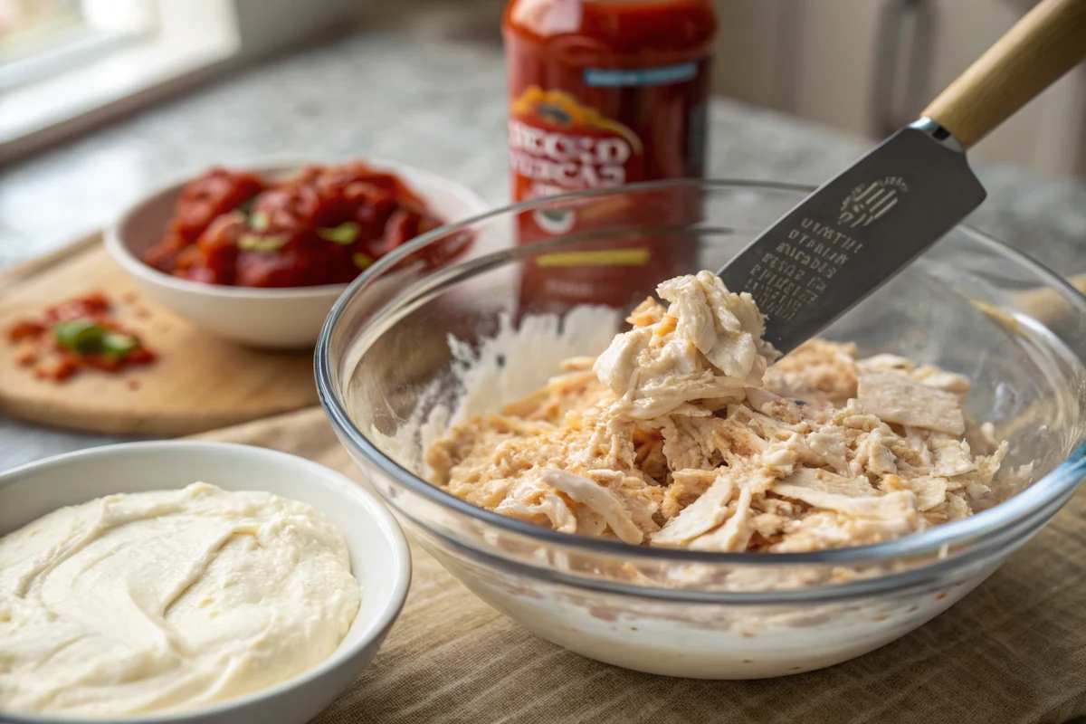 Softened cream cheese, Texas Pete hot sauce, and shredded chicken being mixed together in a glass bowl with a spatula