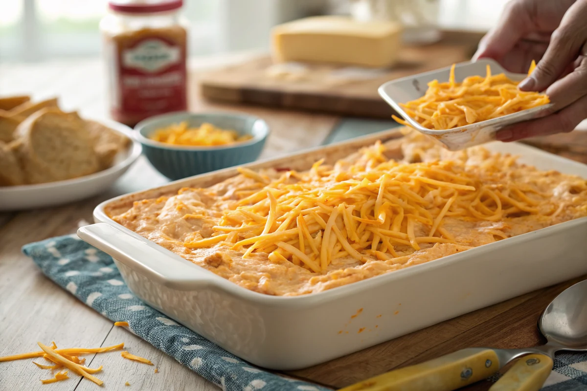 Creamy buffalo chicken dip spread into a baking dish and topped with shredded cheddar cheese before going in the oven