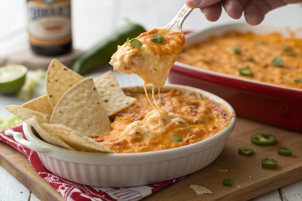 The finished bubbly golden Texas Pete buffalo chicken dip with a tortilla chip scooping a cheesy bite
