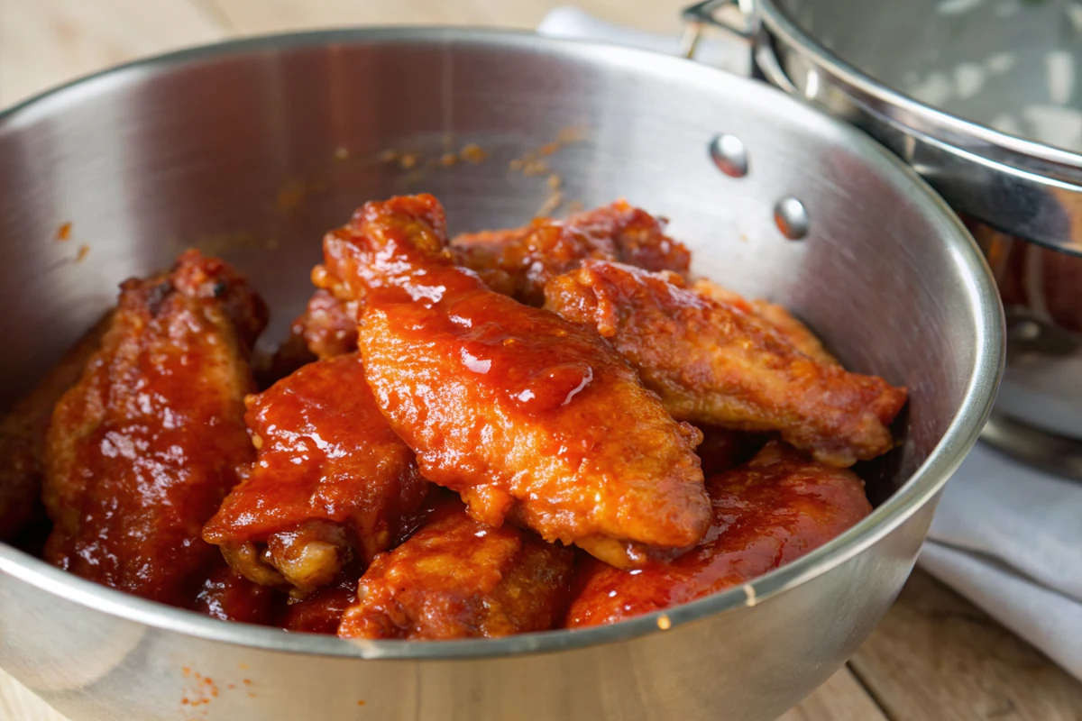 Crispy chicken wings tossed in homemade Texas Pete buffalo sauce in a steel mixing bowl