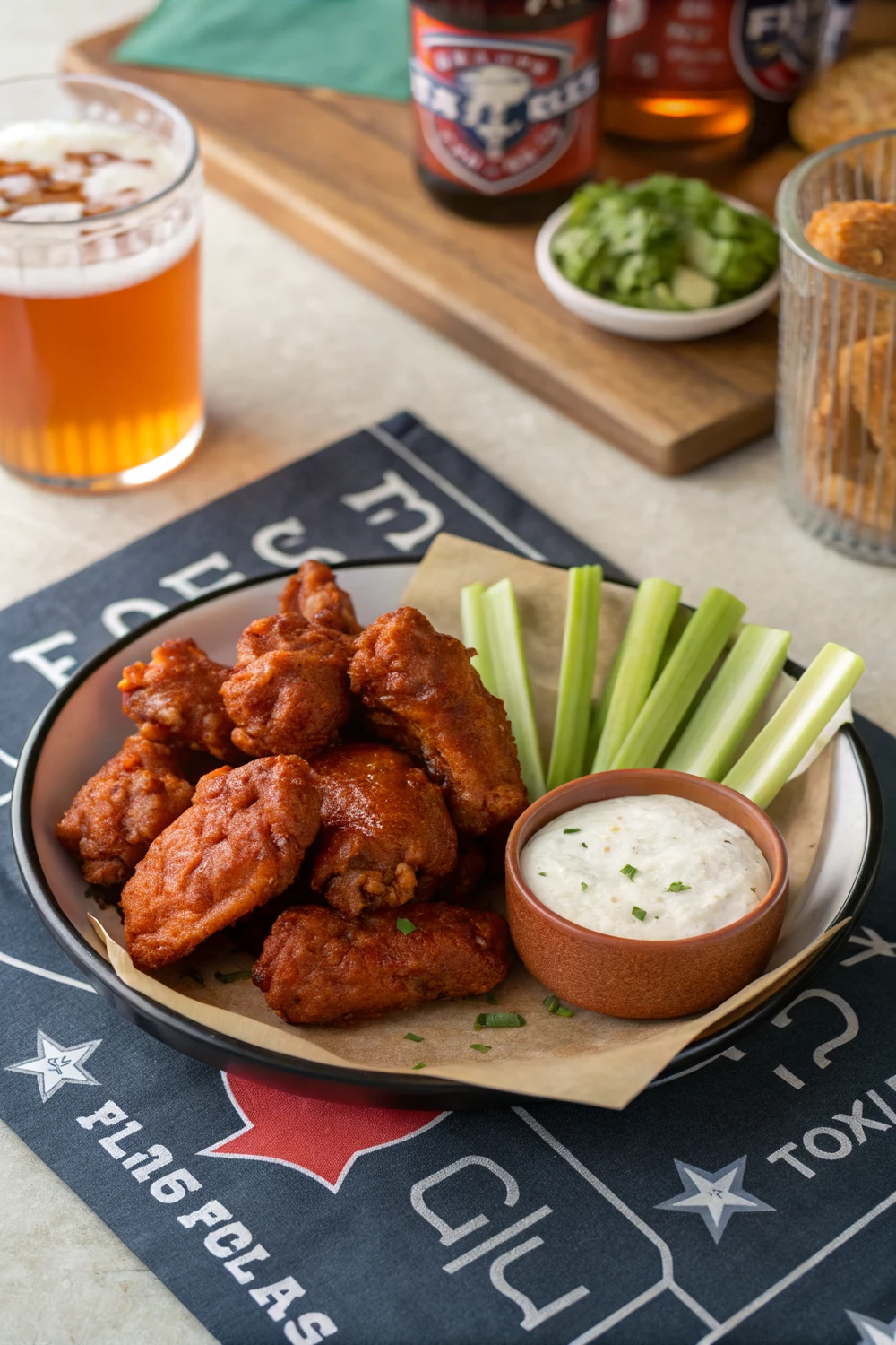 Overhead of saucy buffalo wings coated in Texas Pete wing sauce with celery and blue cheese