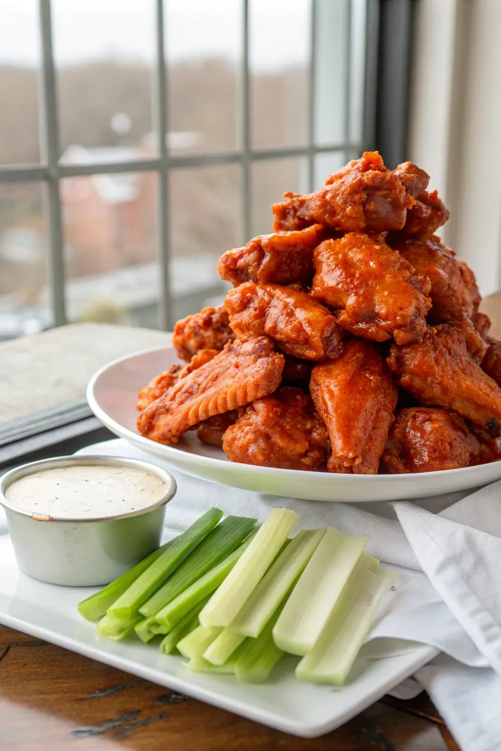 Overhead of saucy buffalo wings coated in Texas Pete wing sauce with celery and blue cheese