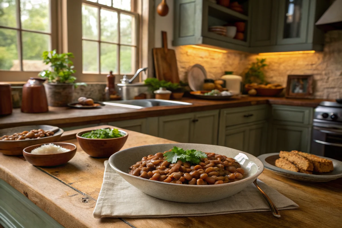Dried pinto beans being picked over and rinsed in a colander before cooking