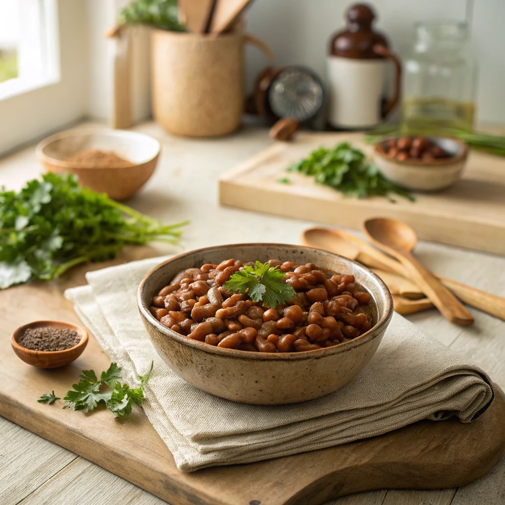 A bowl of Texas pinto beans topped with chopped onion and cilantro next to cornbread
