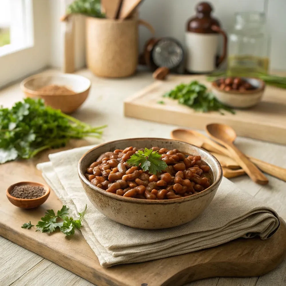 A bowl of Texas pinto beans topped with chopped onion and cilantro next to cornbread