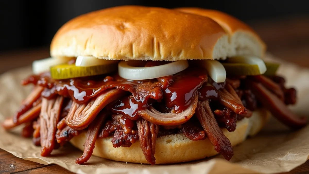 Texas pulled pork pulled apart on butcher paper showing dark mahogany bark exterior, shredded pork strands, visible pork fat rendering, served with white bread and pickles