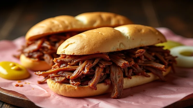 Close-up of pulled pork strands showing the bark pieces mixed with juicy interior meat, smoke ring visible on the pork shoulder cross-section