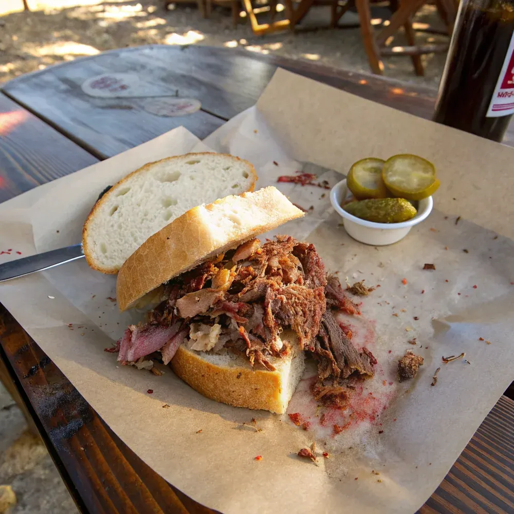 Overhead view of a whole smoked pork shoulder before pulling, deep brown bark, on butcher paper with hands ready to shred