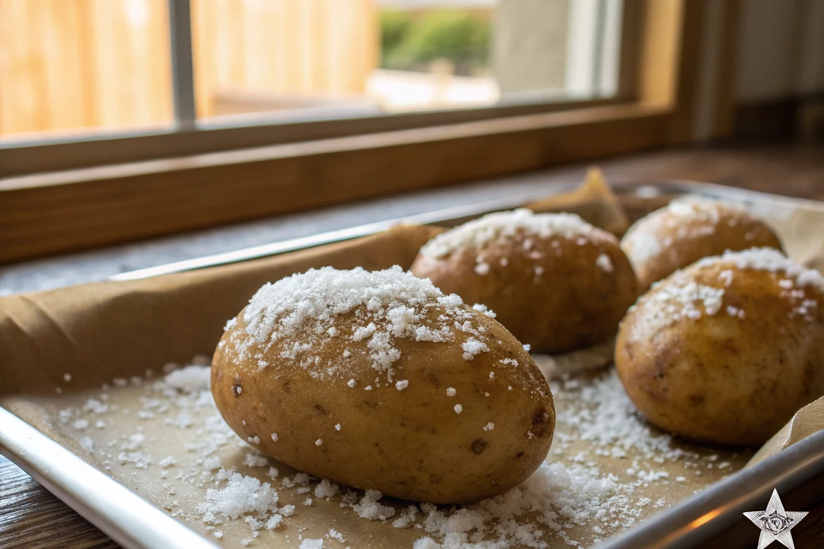Close-up of russet potatoes coated in oil and kosher salt on a baking sheet ready for the oven, coarse salt crystals visible on the skins