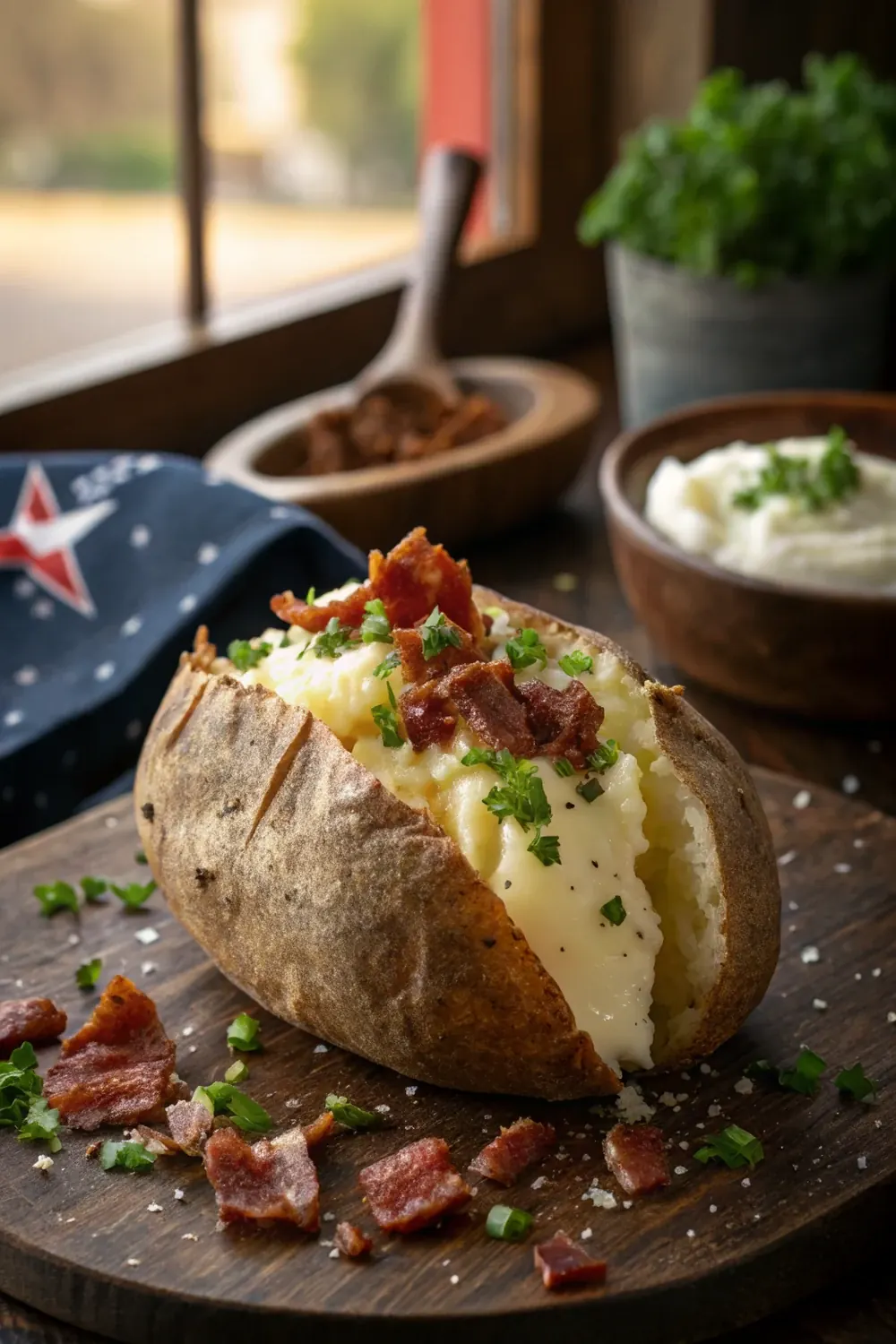Vertical photo of a salt-crusted baked potato split open with butter melting into the fluffy center, save this Texas Roadhouse copycat recipe