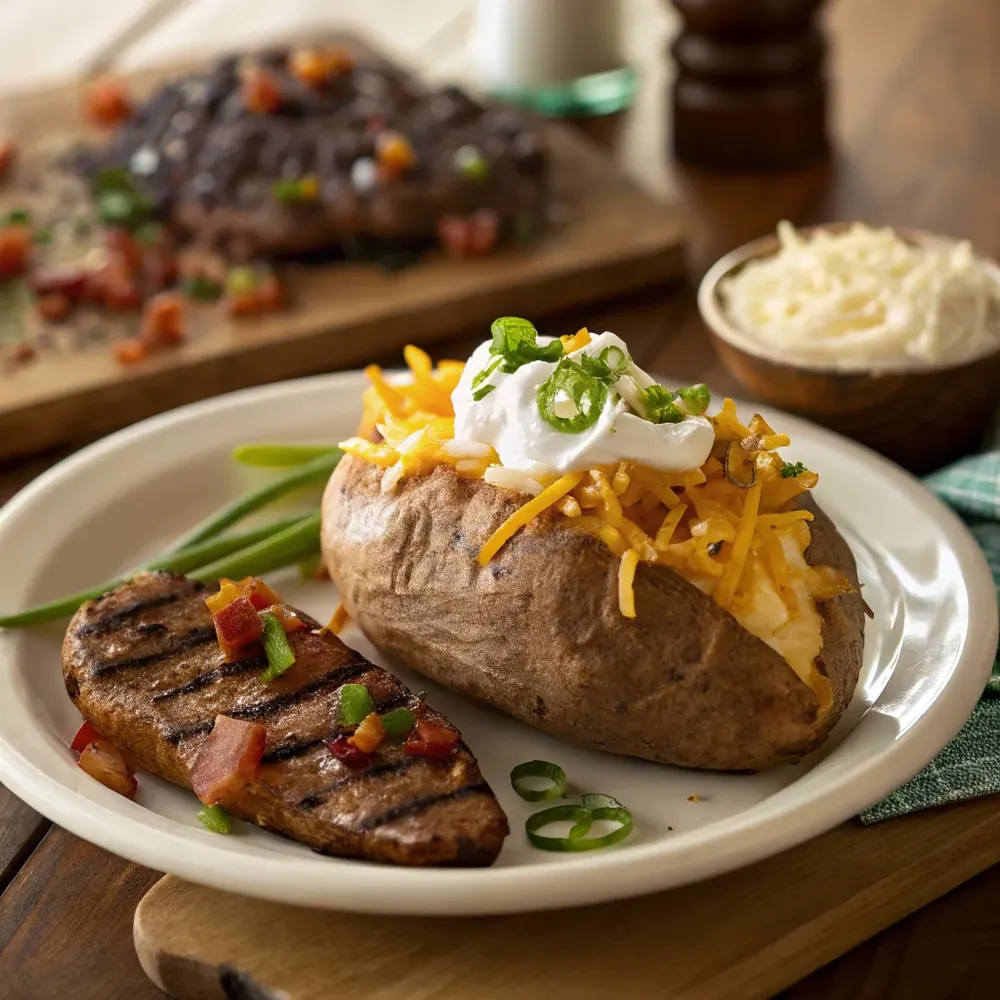 Overhead view of a loaded baked potato with sour cream, shredded cheddar, bacon, and green onions beside a grilled steak on a wooden table