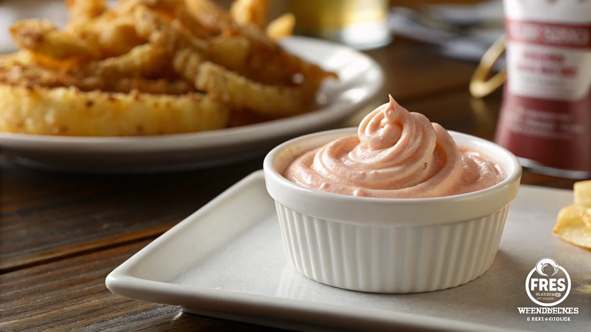 Texas Roadhouse copycat blooming onion sauce, a creamy pink horseradish dipping sauce in a small bowl with a fried onion petal