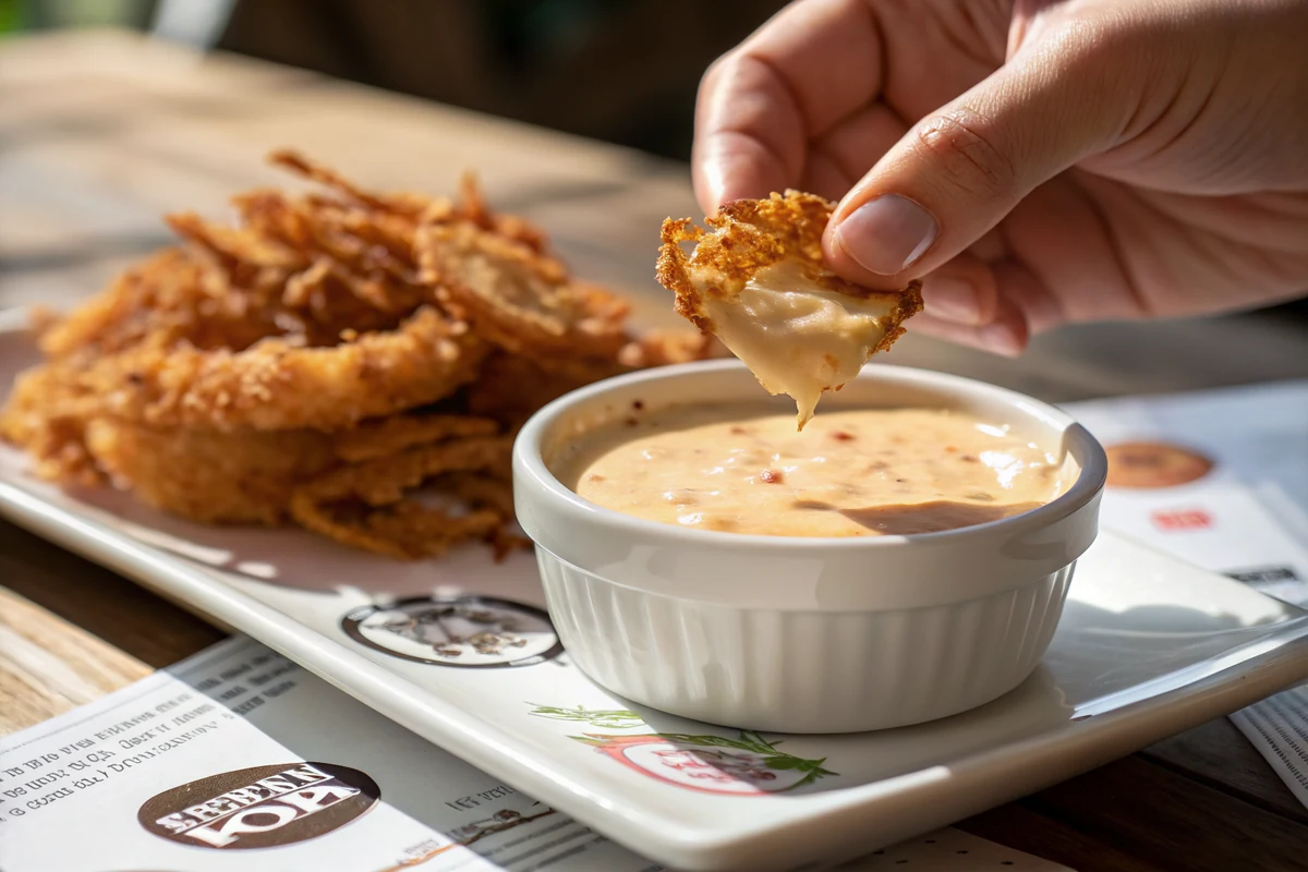 Close up of creamy blooming onion dipping sauce being whisked in a bowl showing flecks of cajun seasoning and paprika