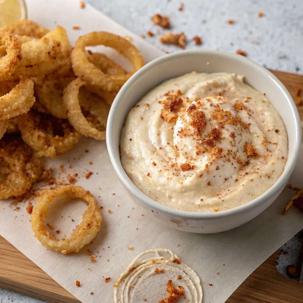 Overhead small ramekin of copycat bloomin onion sauce surrounded by fries, onion petals, and chicken tenders for dipping