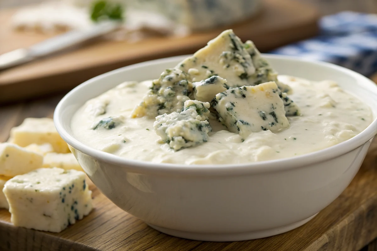 Close-up of creamy blue cheese dressing showing big chunks of crumbled blue cheese folded into a thick white base