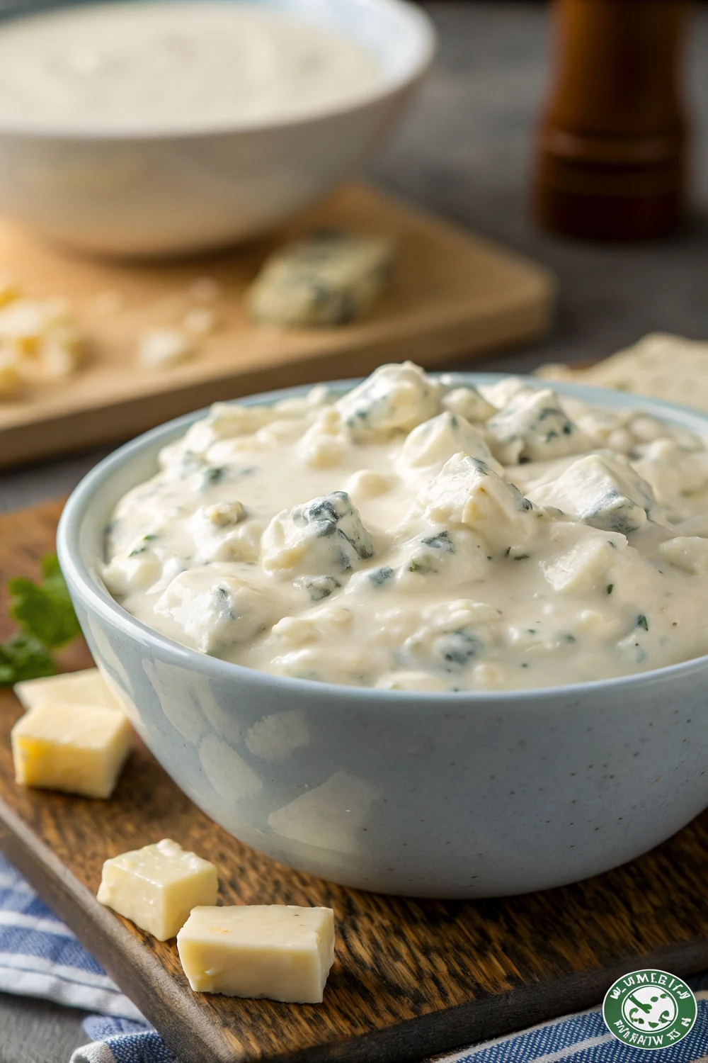 Copycat Texas Roadhouse chunky blue cheese dressing in a bowl, thick creamy dip with real cheese crumbles, vertical pin to save