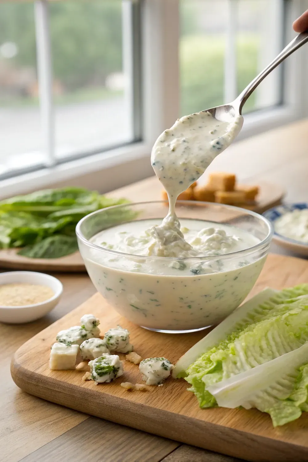 Copycat Texas Roadhouse chunky blue cheese dressing in a bowl, thick creamy dip with real cheese crumbles, vertical pin to save