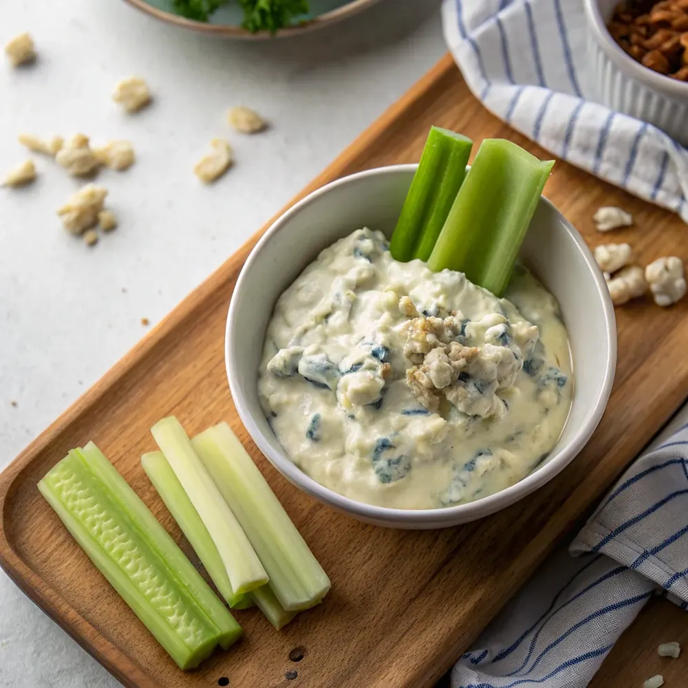Overhead shot of a bowl of homemade chunky blue cheese dressing with celery sticks resting on the rim