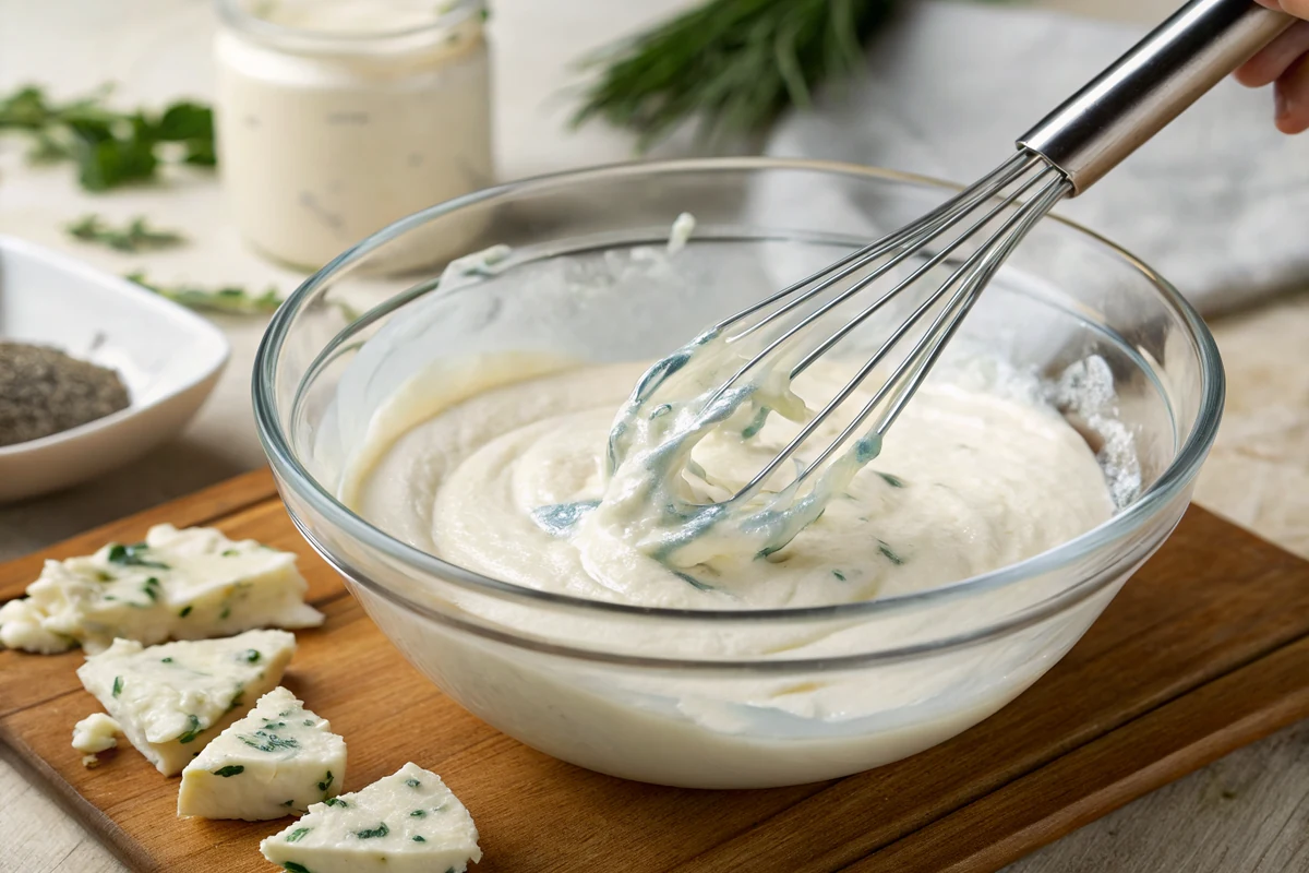 Creamy white blue cheese dressing base being whisked smooth in a glass bowl