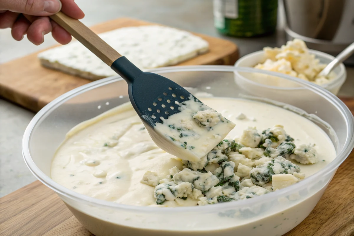 Blue cheese crumbles being folded into a thick white dressing with a rubber spatula