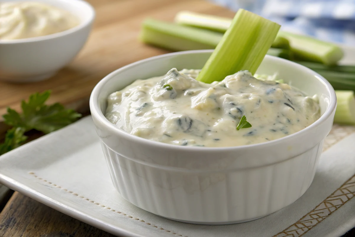 Finished chunky blue cheese dressing in a white bowl with a celery stick resting on the rim