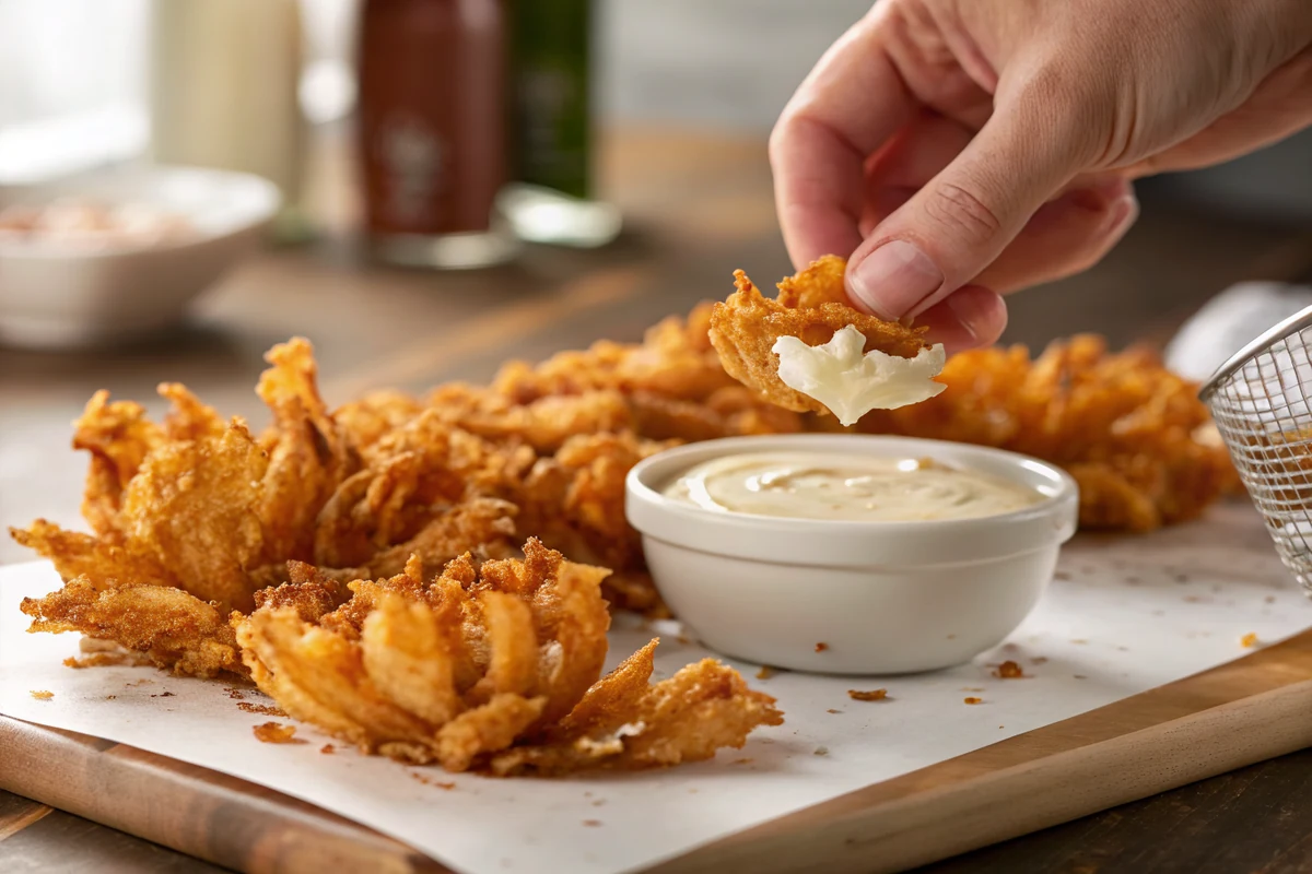 Close up of crispy fried cactus blossom petals being pulled away with a cup of creamy signature dipping sauce