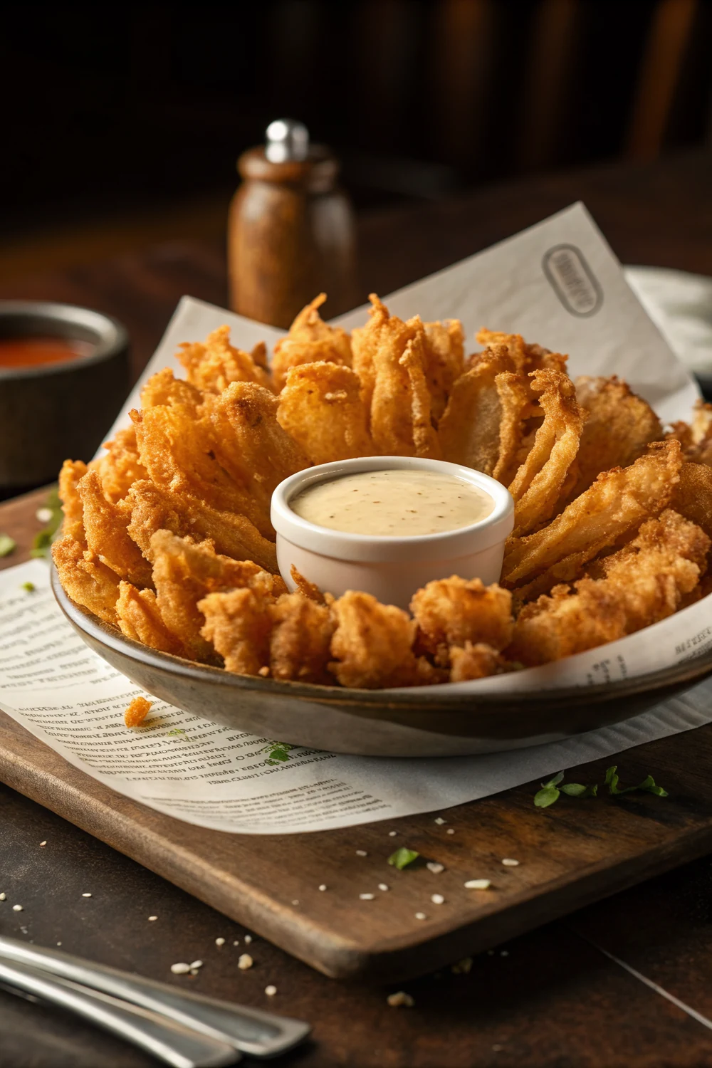 Texas Roadhouse cactus blossom copycat blooming onion recipe with signature dipping sauce vertical pin to save