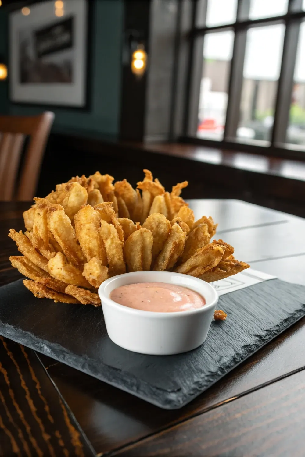 Texas Roadhouse cactus blossom copycat blooming onion recipe with signature dipping sauce vertical pin to save