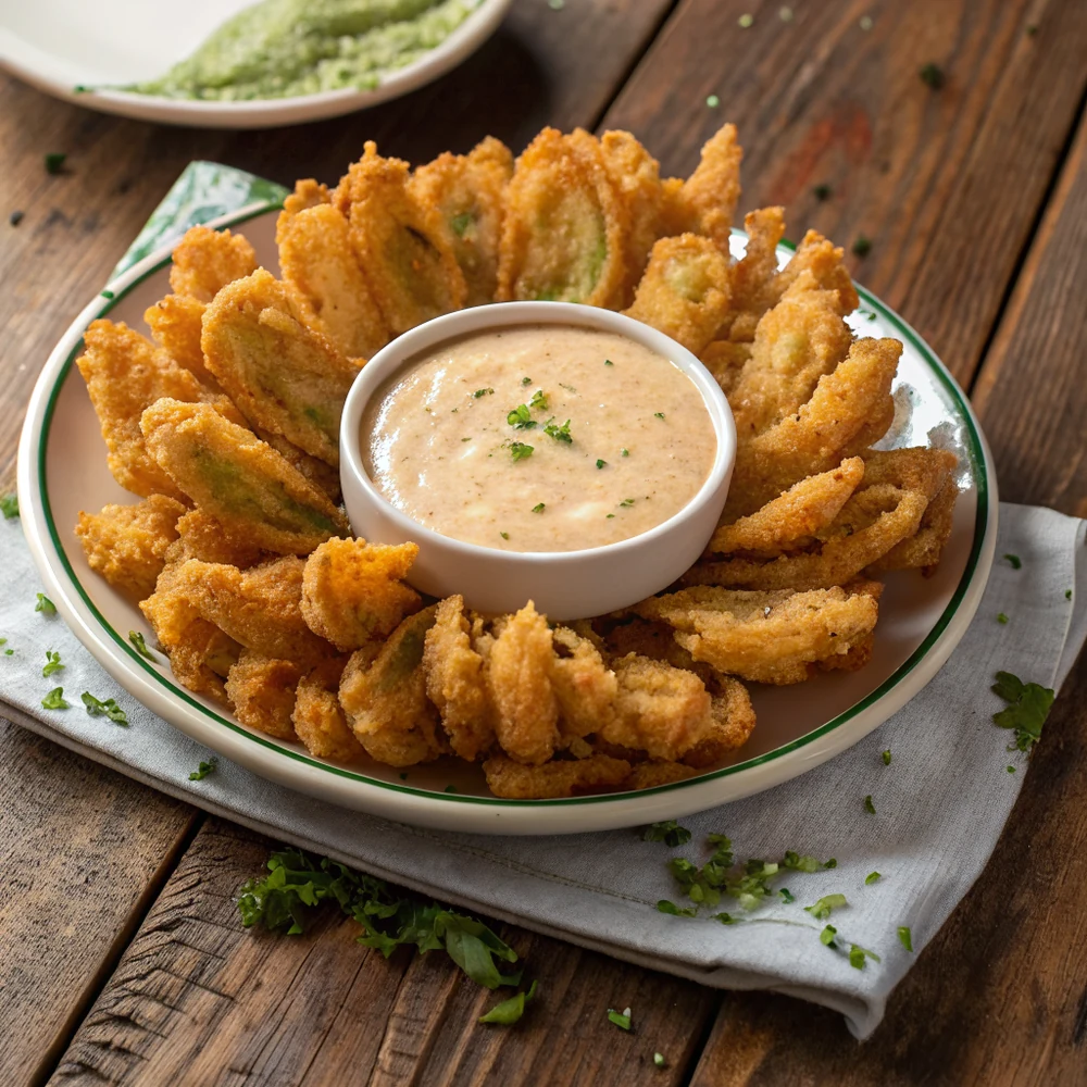 Overhead golden fried blooming onion cactus blossom on a platter with a ramekin of horseradish dipping sauce