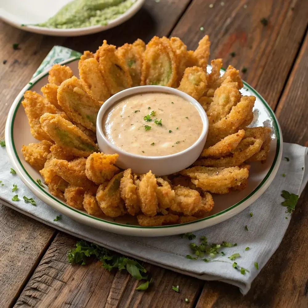 Overhead golden fried blooming onion cactus blossom on a platter with a ramekin of horseradish dipping sauce