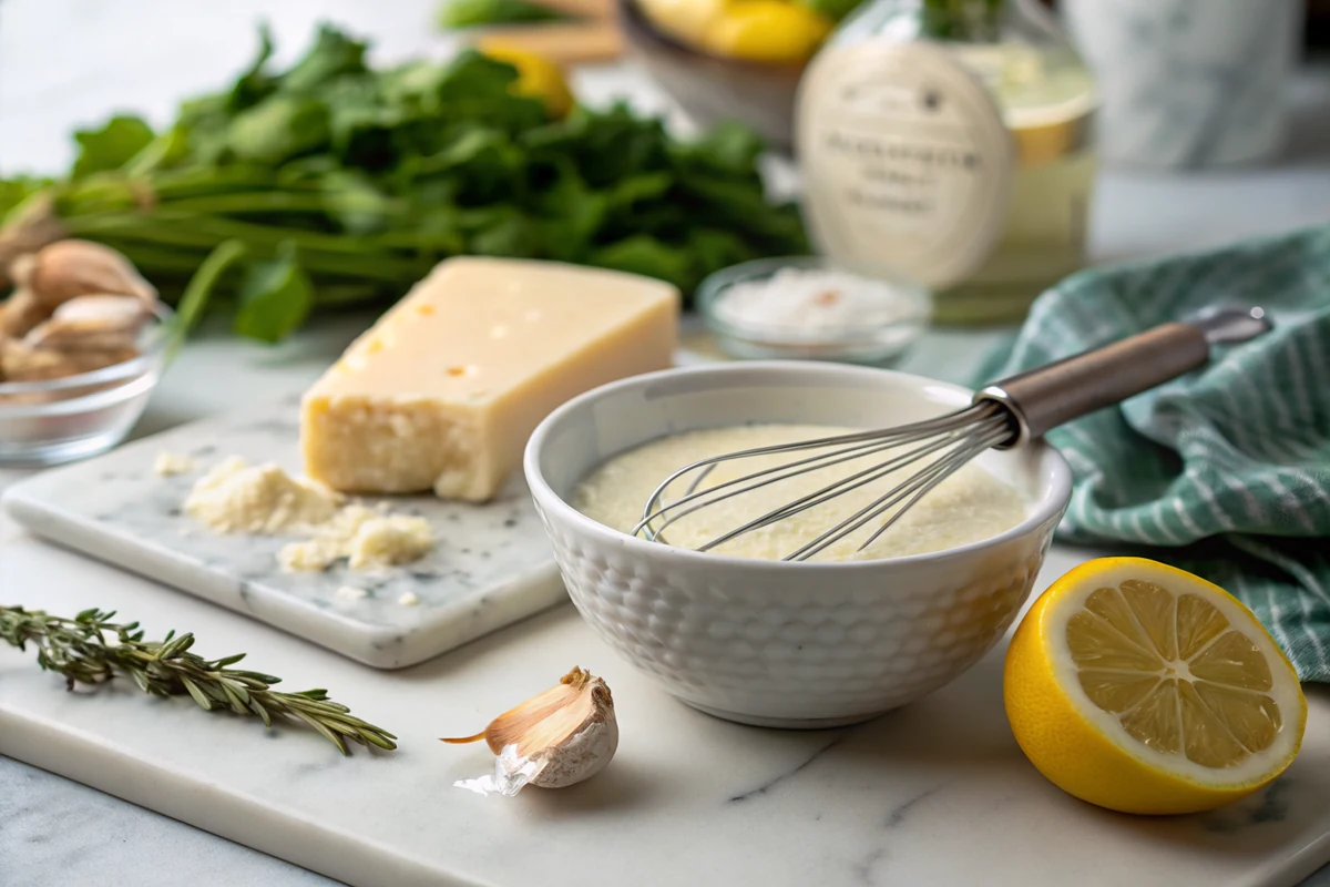 Creamy homemade caesar salad dressing being whisked in a bowl with grated parmesan, lemon, and fresh garlic