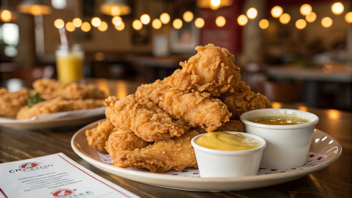 Texas Roadhouse copycat Chicken Critters, crispy golden hand-battered chicken tenders piled on a plate with a cup of honey mustard dip