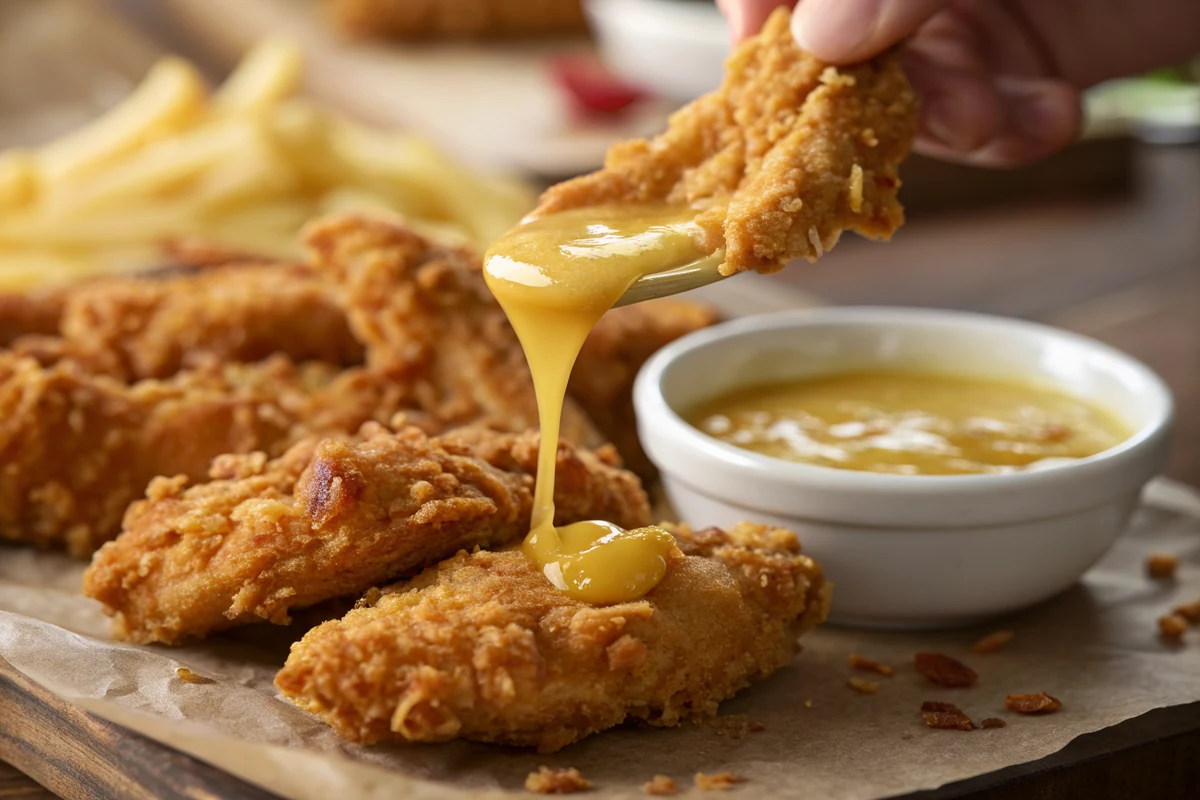 Close up of craggy crispy fried chicken tenders showing the shaggy golden crust, with honey mustard for dunking