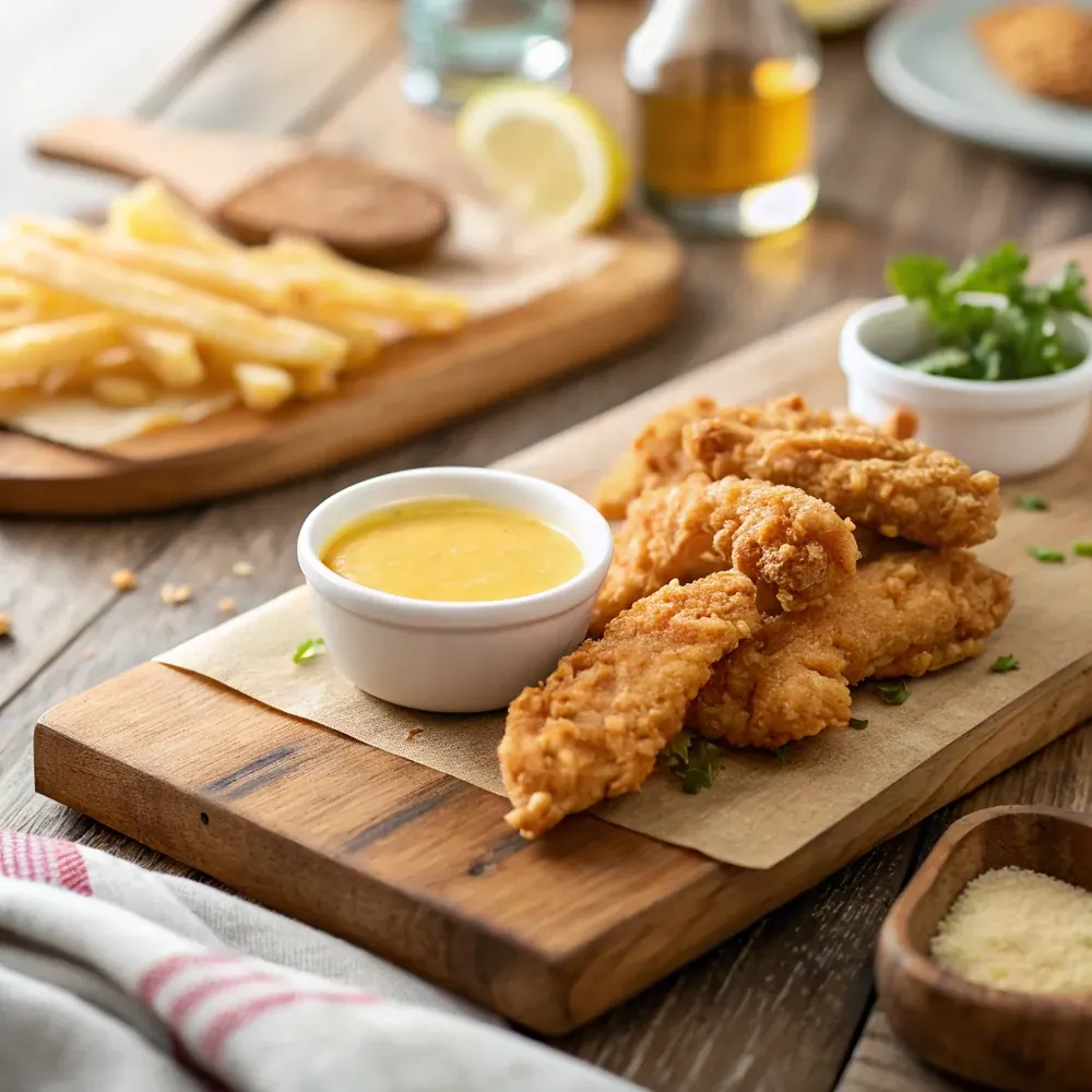 Overhead shot of golden fried chicken critters and a small bowl of honey mustard dipping sauce on a wooden board