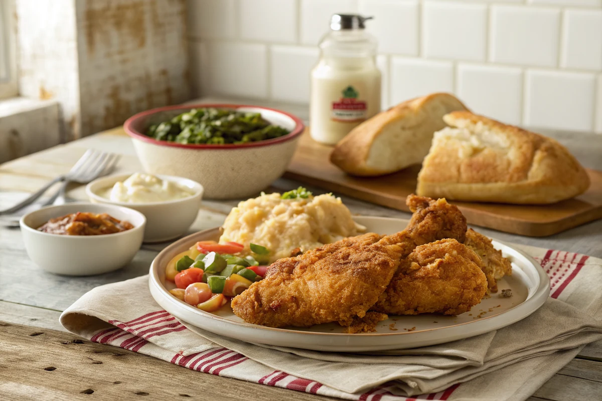 Crispy golden double-dredged chicken breast cut open to show juicy interior