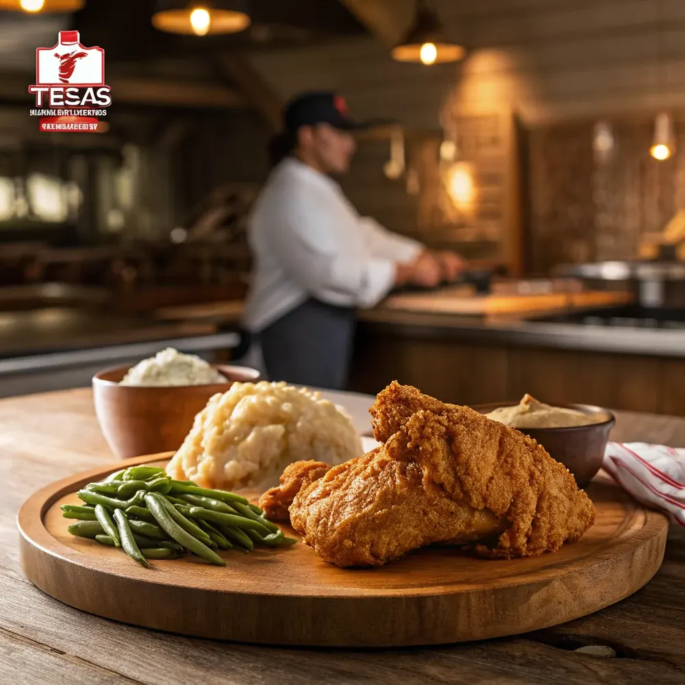 Close up of craggy fried chicken crust topped with peppery cream gravy