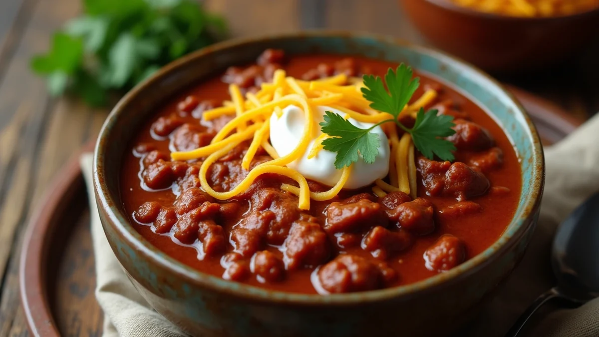Texas Roadhouse Chili recipe by Chef Mia, photographed in a natural light Texas kitchen