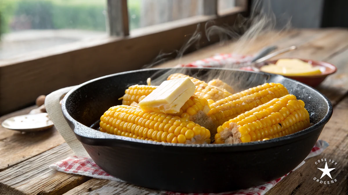 Copycat Texas Roadhouse buttered corn in a cast iron skillet, glossy golden kernels coated in melted butter, steam rising over a rustic Texas table