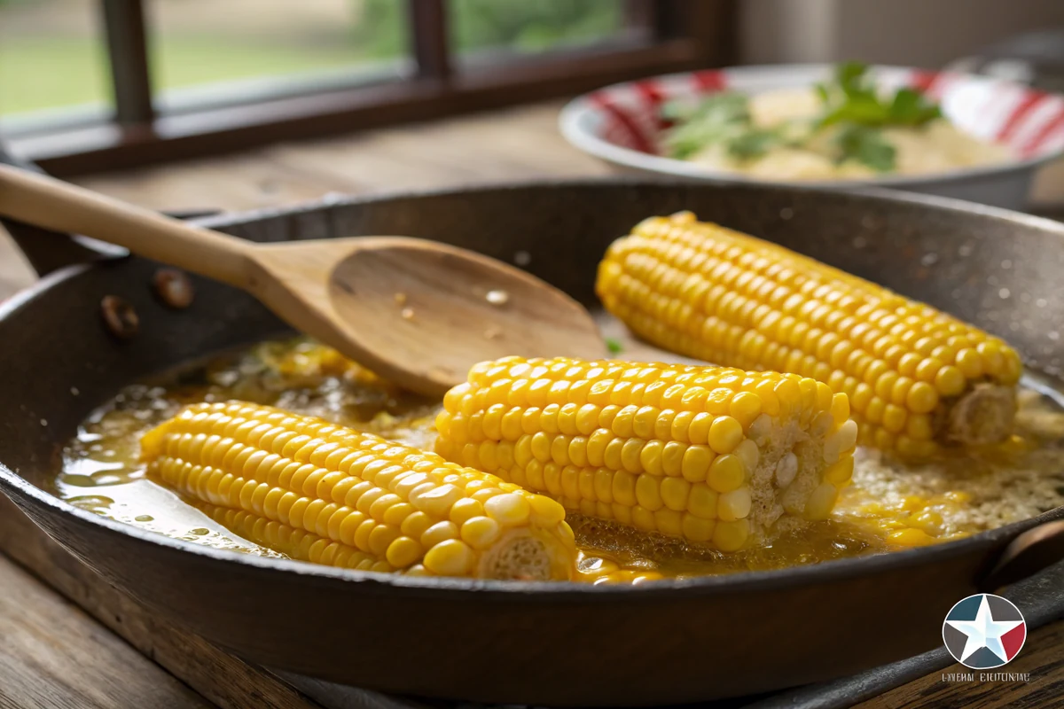 Close-up of whole-kernel corn simmering in melted butter in a skillet, kernels shining and plump, a wooden spoon stirring through