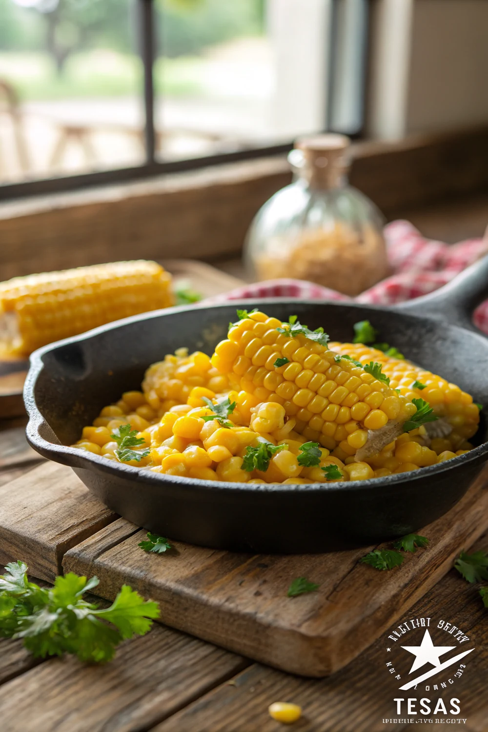 Vertical photo of copycat Texas Roadhouse buttered corn in a skillet, save this easy 15-minute steakhouse side dish recipe