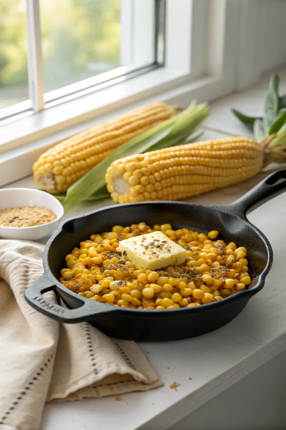 Vertical photo of copycat Texas Roadhouse buttered corn in a skillet, save this easy 15-minute steakhouse side dish recipe
