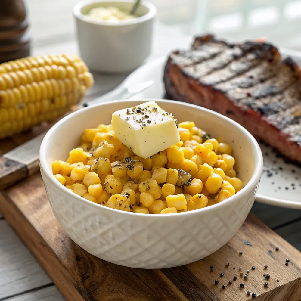 Overhead bowl of buttery steakhouse corn with a pat of butter melting on top and cracked black pepper, beside a grilled steak