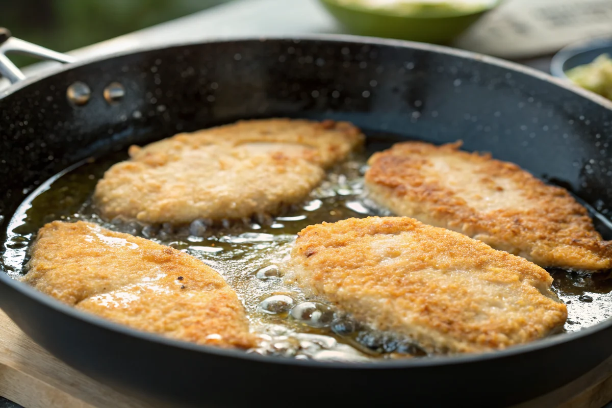 Close-up of breaded chicken cutlets pan-frying in a cast iron skillet in shallow oil, golden crust forming, edges bubbling