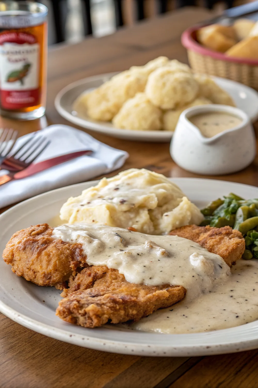 Vertical photo of copycat Texas Roadhouse country fried chicken smothered in peppery country gravy, save this old-school Southern comfort food recipe