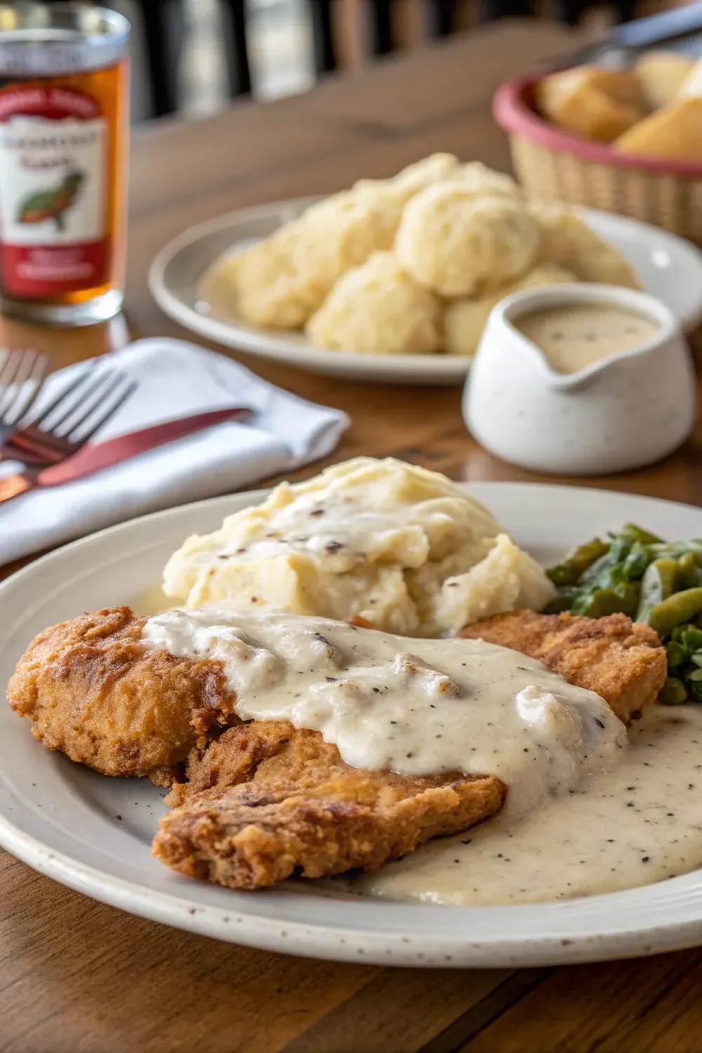 Vertical photo of copycat Texas Roadhouse country fried chicken smothered in peppery country gravy, save this old-school Southern comfort food recipe