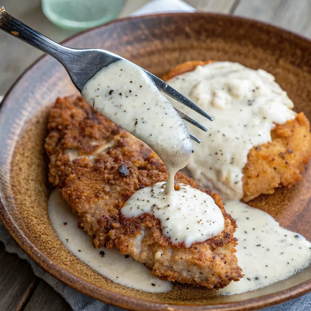 Overhead view of a country fried chicken breast under a ladle of black-pepper-flecked white gravy on a rustic plate, fork lifting a saucy bite